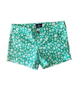 American Eagle Outfitters Teal Daisy-Print Women's Midi Stretch Shorts size 4